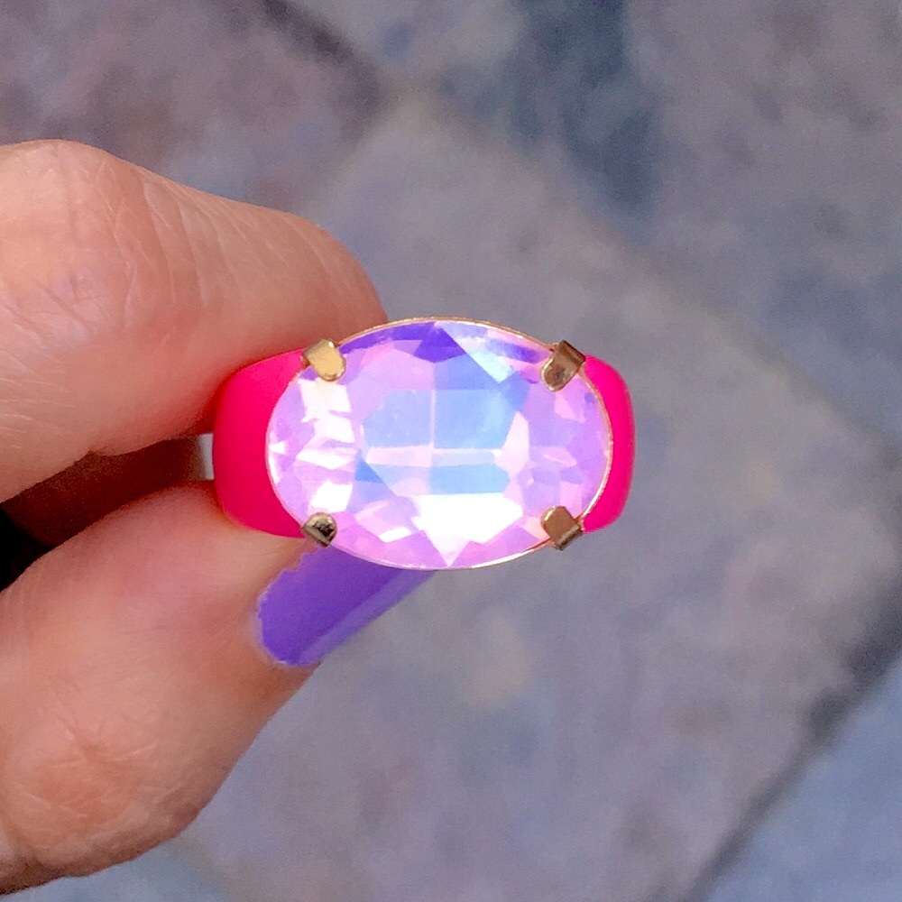 Lilac Pink Opal Oval Aurora Borealis Crystal + Hot Pink Ring - Picture 5 of 16